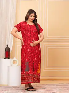 JVSP FASHION Ethnic Motifs Printed Pure Cotton Maternity Maxi Nightdress