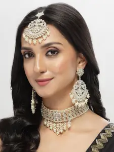 Sukkhi Gold-Plated Kundan Studded & Beaded Choker Necklace & Earrings With Maang Tika