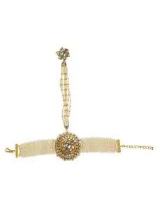 FEMMIBELLA Gold-Plated Artificial Stones Studded & Beaded Charm Ring Bracelet