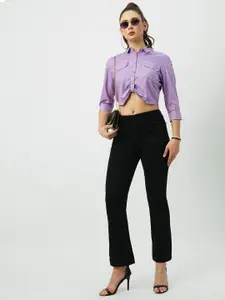 Kraus Jeans Polka Dots Spread Collar Three-Quarter Sleeves Casual Crop Shirt