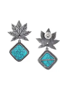 Sangria Blue Silver-Plated Stone Studded Oxidised Drop Earrings