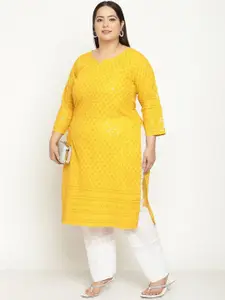 QUEENLEY Plus Size Ethnic Motifs Embroidered Notch Neck Cotton Chikankari Straight Kurta
