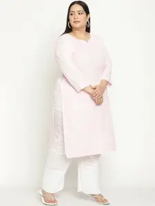 QUEENLEY Plus Size Ethnic Motifs Embroidered Notch Neck Cotton Chikankari Straight Kurta