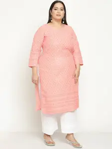QUEENLEY Plus Size Floral Embroidered Notch Neck Regular Chikankari Cotton Kurta