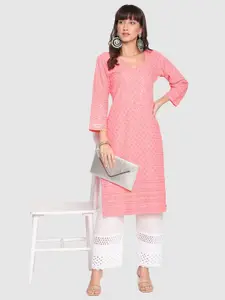 QUEENLEY Women Ethnic Motifs Embroidered Flared Sleeves Thread Work Kurta