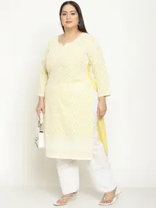 QUEENLEY Plus Size Ethnic Motifs Embroidered Notch Neck Cotton Chikankari Straight Kurta