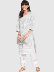 QUEENLEY Ethnic Motifs Embroidered Notch Neck Cotton Chikankari Straight Kurta