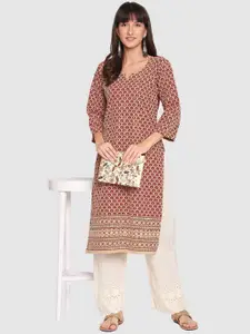QUEENLEY Floral Embroidered Notch Neck Regular Chikankari Straight Cotton Kurta