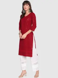 QUEENLEY Floral Embroidered Notch Neck Regular Chikankari Cotton Kurta