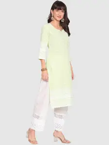 QUEENLEY Women Ethnic Motifs Embroidered Flared Sleeves Chikankari Kurta