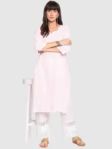 QUEENLEY Notch Neck Ethnic Motifs Embroidered Chikankari Cotton Kurta