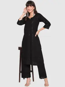 QUEENLEY Ethnic Motifs Chikankari Thread Work Notch Neck Straight Kurta