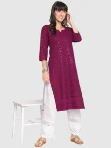 QUEENLEY Floral Embroidered Notch Neck Regular Chikankari Cotton Kurta