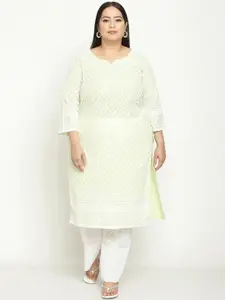 QUEENLEY Plus Size Floral Embroidered Notch Neck Regular Chikankari Cotton Kurta
