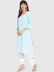 QUEENLEY Ethnic Motifs Embroidered Notch Neck Cotton Chikankari Straight Kurta