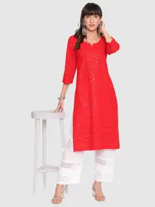 QUEENLEY Notch Neck Embroidered Sequinned Cotton Straight Kurta