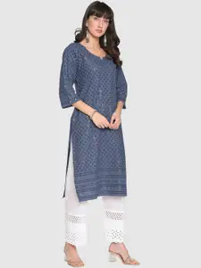 QUEENLEY Floral Embroidered Notch Neck Regular Chikankari Cotton Kurta