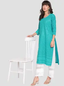 QUEENLEY Ethnic Motifs Embroidered Notch Neck Cotton Chikankari Straight Kurta