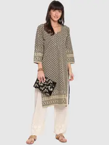 QUEENLEY Ethnic Motifs Embroidered Notch Neck Cotton Chikankari Straight Kurta