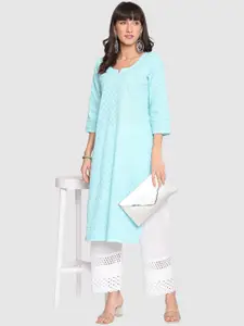 QUEENLEY Ethnic Motifs Embroidered Notch Neck Cotton Chikankari Straight Kurta