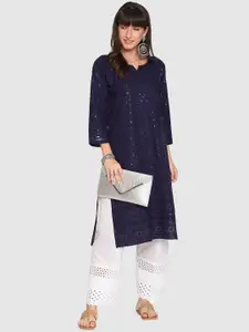 QUEENLEY Ethnic Motifs Embroidered Notch Neck Cotton Chikankari Straight Kurta