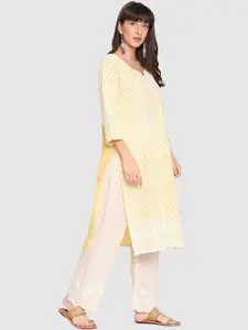QUEENLEY Ethnic Motifs Chikankari Thread Work Notch Neck Straight Kurta