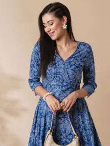 Globus Allover Floral Printed Wrap Neck Asymmetric Hem A-Line Fusion Midi Dress