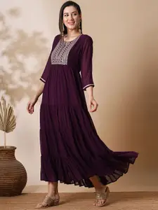 Globus Floral Embroidered Tiered Georgette Maxi Fit & Flare Ethnic Dress