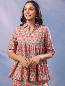 JISORA Beige Floral Printed Shirt Collar Pure Cotton Top & Trousers Co-Ords