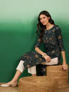 Sangria Floral Printed Cotton Round Neck Straight Kurta