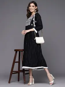Indo Era Striped Round Neck Embroidered A-Line Midi Dress