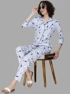 BAESD Floral Printed Cuban Collar Shirt & Pyjamas Night Suits Set