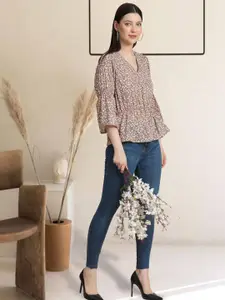 TOOCHKI V Neck Floral Printed Flared Sleeve Peplum Top