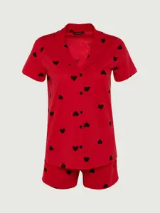 Trendyol Geometric Printed Lapel Collar Pure Cotton Night suit