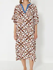Trendyol Animal Printed V Neck Kaftan Midi Dress