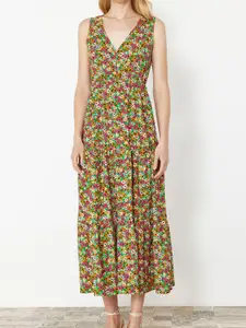 Trendyol Women Floral Printed V-Neck Sleeveless Tiered A-Line Midi Dress