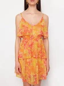 Trendyol Floral Printed Shoulder Straps Layered Fit & Flare Dress