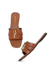 DressBerry Tan Embellished Open Toe Flats