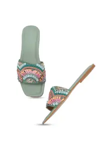 Anouk Green Embellished Open Toe Flats