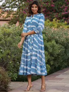 Rain & Rainbow Tie and Dye Mandarin Collar Pure Cotton Fit & Flare Midi Ethnic Dress