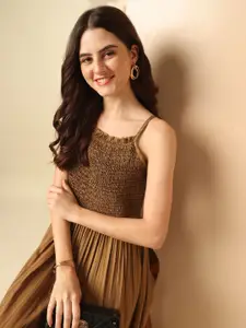 Anouk Striped Shoulder Straps Smocked Detail A-Line Midi Dress