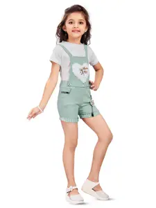Wish Karo Girls Straight Leg Printed Dungarees With T-shirt