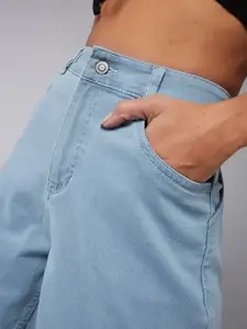 DOLCE CRUDO Women Light Blue High-Rise Cotton Denim Shorts