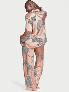 Victoria's Secret Graphic Printed Lapel Collar Easy Fit Satin Night suit