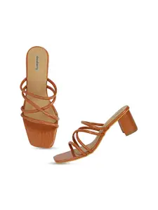 DressBerry Tan Brown Open Toe Block Heels