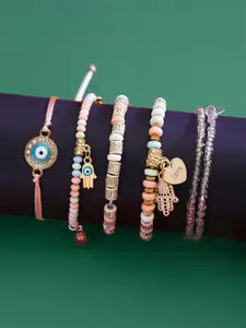 Yellow Chimes Set of 5 Gold-Plated Stone Studded & Beaded Multistrand Bracelet