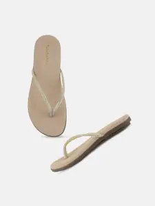 DressBerry Gold Toned Embellished Open Toe Flats