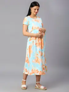 True Shape Floral Printed Zipless Maternity Fit and Flare Midi Dress