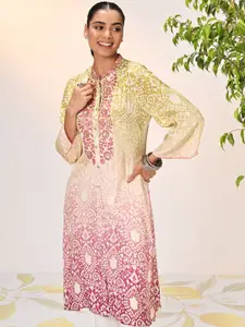 Lakshita Mandarin Collar Flared Sleeves Floral Embroidered Sequinned Straight Kurta