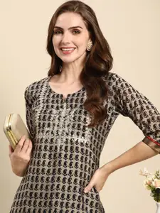 RATAN Ethnic Motifs Printed Notch Neck Chanderi Silk Straight Kurta